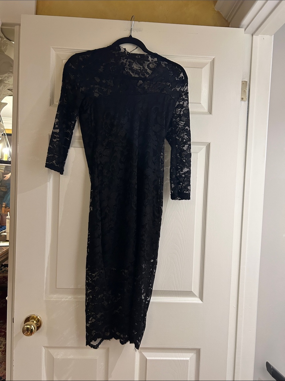 bebe Black Lace Midi Sheath Dress with Three-Quarter Sleeves